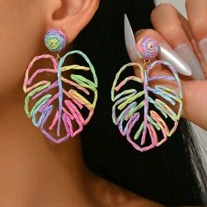 Colorful Rafia Leaf Earrings